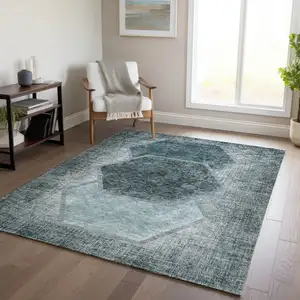 Photo of Teal Blue Aqua And Ivory Geometric Washable Indoor Outdoor Area Rug