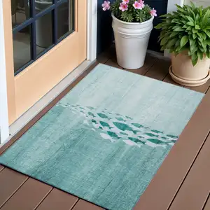 Photo of Teal Blue Aqua And Ivory Nautical Washable Indoor Outdoor Area Rug