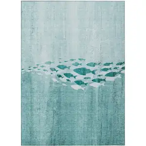 Photo of Teal Blue Aqua And Ivory Nautical Washable Indoor Outdoor Area Rug