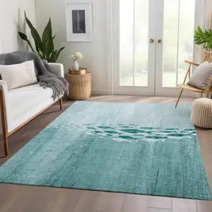 Photo of Teal Blue Aqua And Ivory Nautical Washable Indoor Outdoor Area Rug