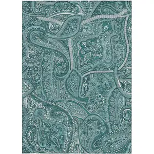 Photo of Teal Blue Aqua And Ivory Paisley Washable Indoor Outdoor Area Rug