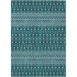 Photo of Teal Blue Aqua And Ivory Tribal Washable Indoor Outdoor Area Rug