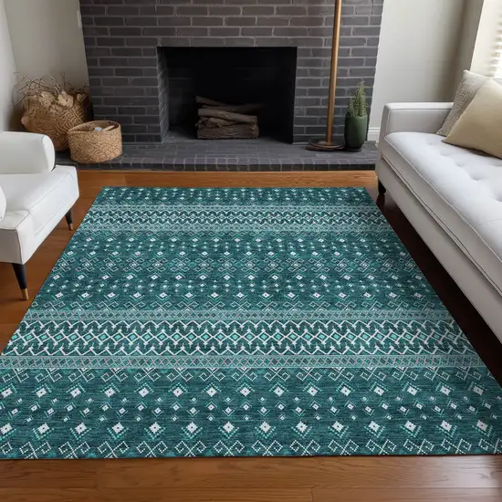 Teal Blue Aqua And Ivory Tribal Washable Indoor Outdoor Area Rug Photo 7