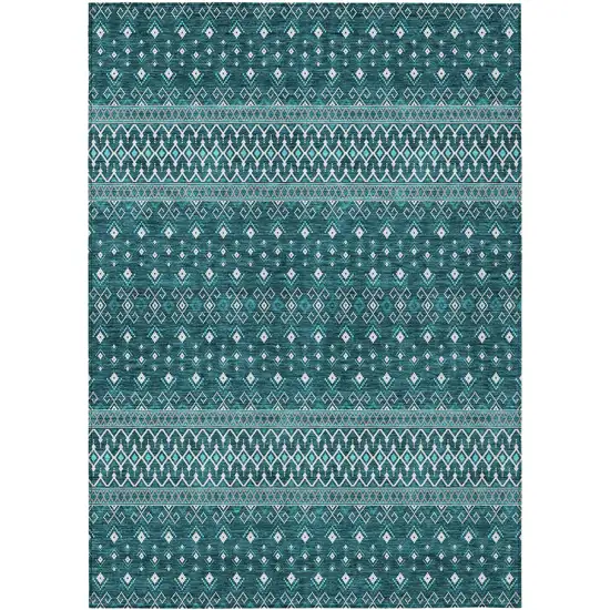 Teal Blue Aqua And Ivory Tribal Washable Indoor Outdoor Area Rug Photo 1