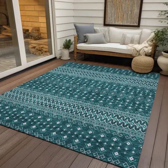 Teal Blue Aqua And Ivory Tribal Washable Indoor Outdoor Area Rug Photo 6