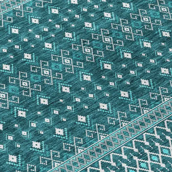 Teal Blue Aqua And Ivory Tribal Washable Indoor Outdoor Area Rug Photo 3