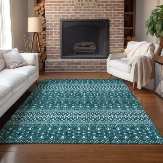 Teal Blue Aqua And Ivory Tribal Washable Indoor Outdoor Area Rug Photo 8