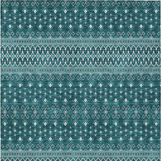 Teal Blue Aqua And Ivory Tribal Washable Indoor Outdoor Area Rug Photo 5