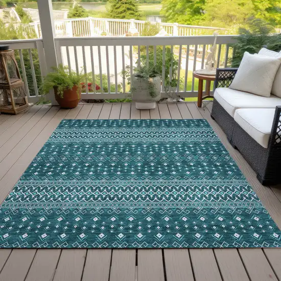 Teal Blue Aqua And Ivory Tribal Washable Indoor Outdoor Area Rug Photo 9