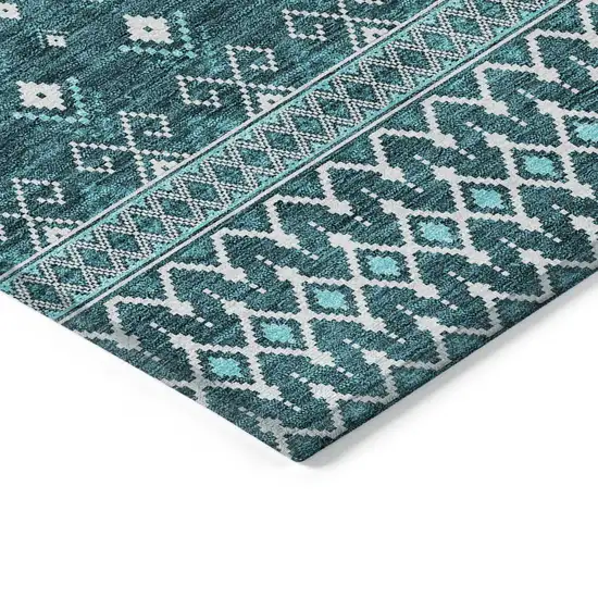 Teal Blue Aqua And Ivory Tribal Washable Indoor Outdoor Area Rug Photo 2