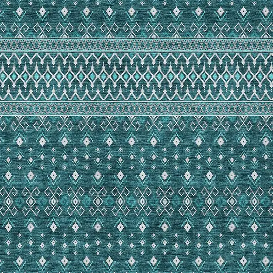 Teal Blue Aqua And Ivory Tribal Washable Indoor Outdoor Area Rug Photo 4