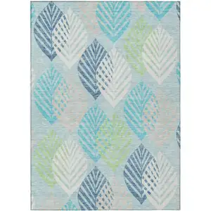 Photo of Teal Blue Aqua And Navy Blue Floral Washable Indoor Outdoor Area Rug