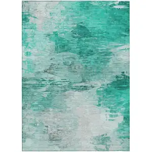 Photo of Teal Blue Aqua And Silver Abstract Washable Indoor Outdoor Area Rug