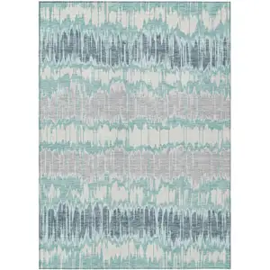 Photo of Teal Blue Aqua And Silver Striped Washable Indoor Outdoor Area Rug