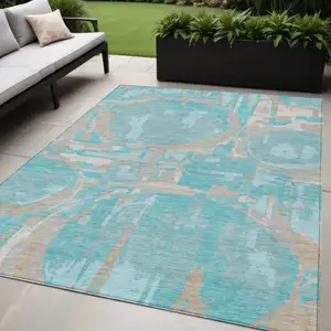 Photo of Teal Blue Aqua And Taupe Geometric Washable Indoor Outdoor Area Rug