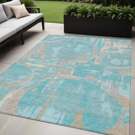 Teal Blue Aqua And Taupe Geometric Washable Indoor Outdoor Area Rug Photo 1