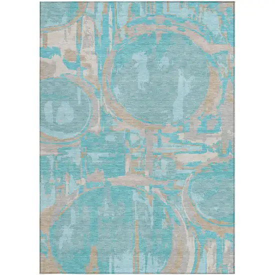 Teal Blue Aqua And Taupe Geometric Washable Indoor Outdoor Area Rug Photo 8