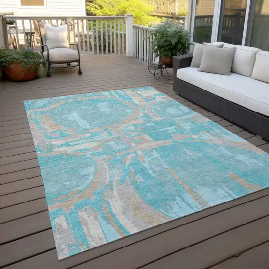 Teal Blue Aqua And Taupe Geometric Washable Indoor Outdoor Area Rug Photo 9