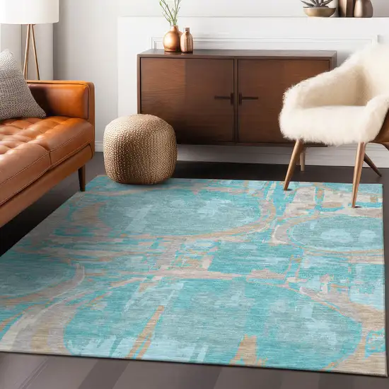 Teal Blue Aqua And Taupe Geometric Washable Indoor Outdoor Area Rug Photo 9