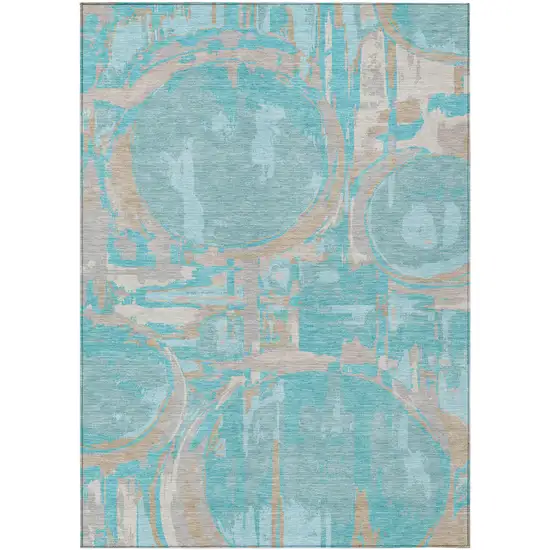 Teal Blue Aqua And Taupe Geometric Washable Indoor Outdoor Area Rug Photo 2