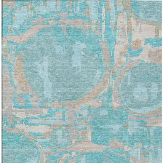 Teal Blue Aqua And Taupe Geometric Washable Indoor Outdoor Area Rug Photo 7