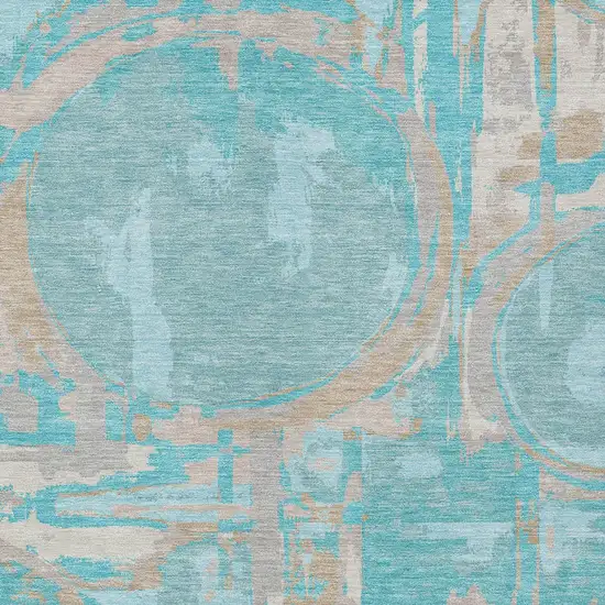 Teal Blue Aqua And Taupe Geometric Washable Indoor Outdoor Area Rug Photo 7