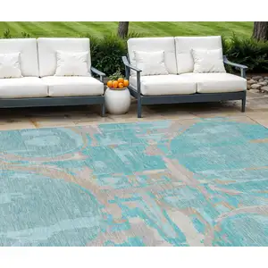 Photo of Teal Blue Aqua And Taupe Geometric Washable Indoor Outdoor Area Rug