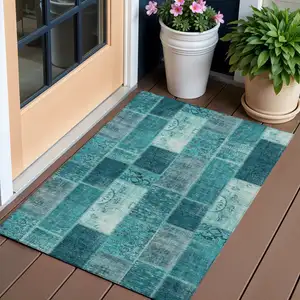 Photo of Teal Blue Aqua And Turquoise Patchwork Washable Indoor Outdoor Area Rug