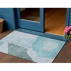 Photo of Teal Blue Artichoke Green And Blue Abstract Washable Indoor Outdoor Area Rug