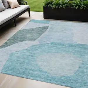 Photo of Teal Blue Artichoke Green And Blue Abstract Washable Indoor Outdoor Area Rug