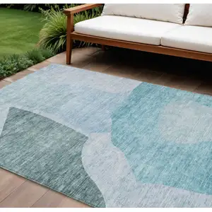 Photo of Teal Blue Artichoke Green And Blue Abstract Washable Indoor Outdoor Area Rug