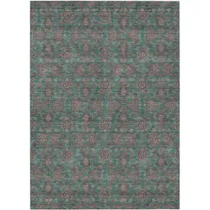 Photo of Teal Blue Beige And Taupe Floral Washable Indoor Outdoor Area Rug