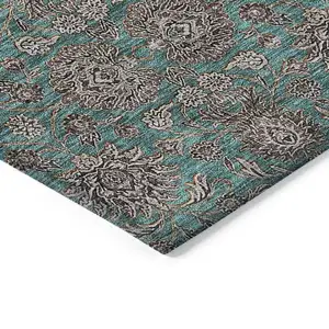 Photo of Teal Blue Beige And Taupe Floral Washable Indoor Outdoor Area Rug