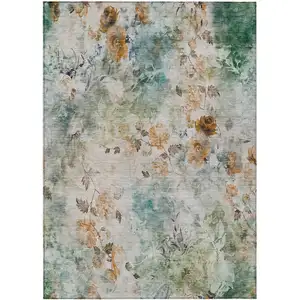 Photo of Teal Blue Blue And Green Floral Washable Indoor Outdoor Area Rug