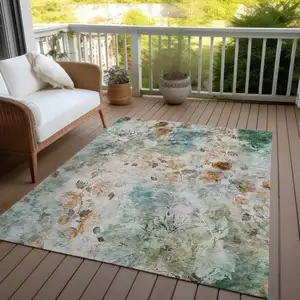 Photo of Teal Blue Blue And Green Floral Washable Indoor Outdoor Area Rug