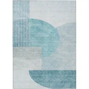 Photo of Teal Blue Blue And Silver Geometric Washable Indoor Outdoor Area Rug