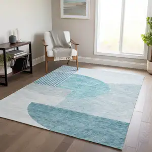 Photo of Teal Blue Blue And Silver Geometric Washable Indoor Outdoor Area Rug