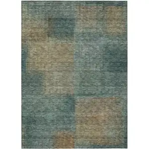 Photo of Teal Blue Brown And Taupe Abstract Washable Indoor Outdoor Area Rug