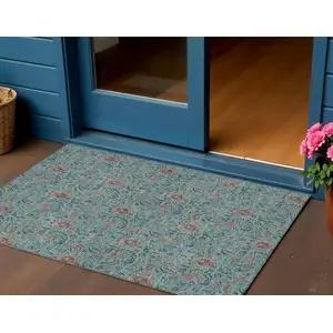 Photo of Teal Blue Brown And Taupe Floral Washable Indoor Outdoor Area Rug