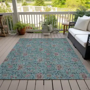 Photo of Teal Blue Brown And Taupe Floral Washable Indoor Outdoor Area Rug