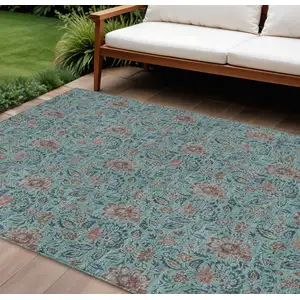 Photo of Teal Blue Brown And Taupe Floral Washable Indoor Outdoor Area Rug