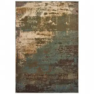 Photo of Teal Blue Brown Green And Beige Abstract Power Loom Stain Resistant Area Rug