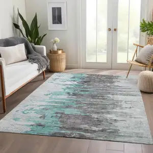 Photo of Teal Blue Charcoal And Silver Abstract Washable Indoor Outdoor Area Rug