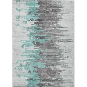 Photo of Teal Blue Charcoal And Silver Abstract Washable Indoor Outdoor Area Rug