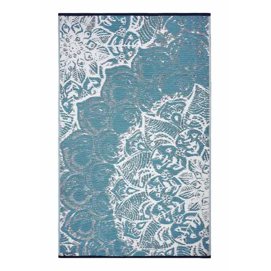 Teal Blue Floral Indoor Outdoor Area Rug Photo 4