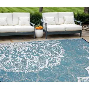 Photo of Teal Blue Floral Indoor Outdoor Area Rug