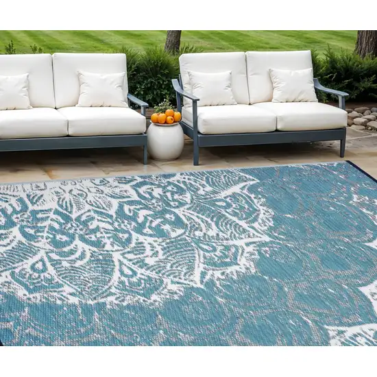 Teal Blue Floral Indoor Outdoor Area Rug Photo 1