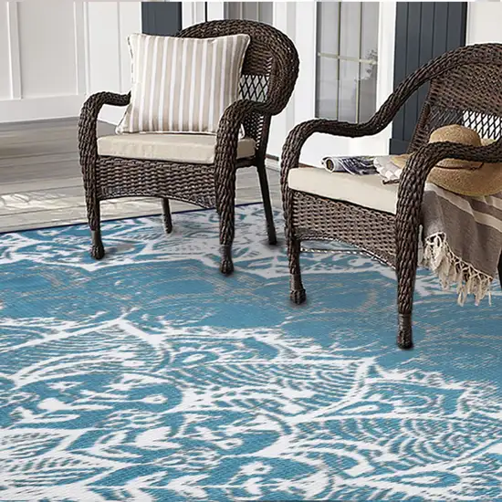 Teal Blue Floral Indoor Outdoor Area Rug Photo 6