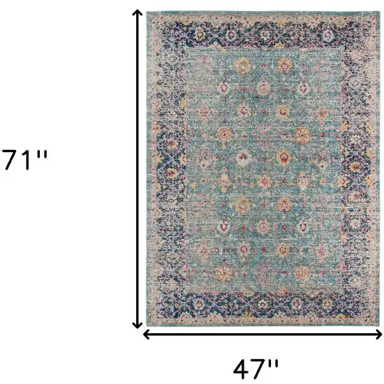 Teal Blue Floral Power Loom Area Rug With Fringe Photo 7