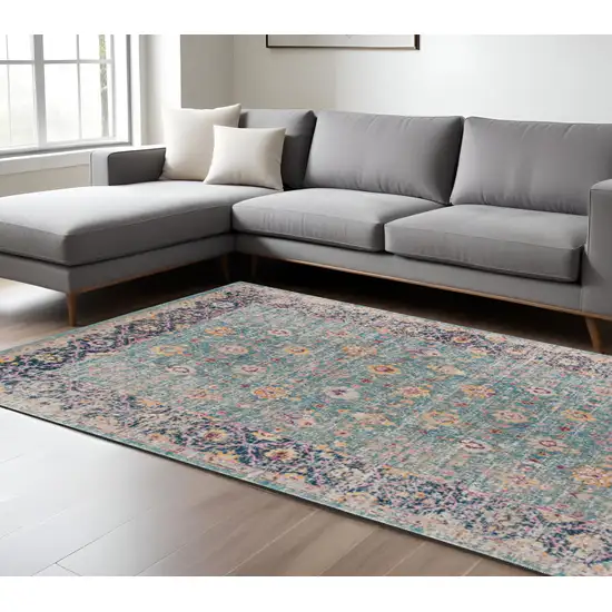 Teal Navy and Orange Floral Power Loom Area Rug Photo 1